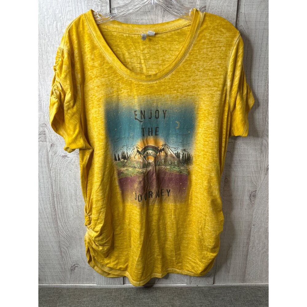 EST 1945 Tee w/ Enjoy The Journey Print Short Sleeves Ruched Sides Womens Size L
